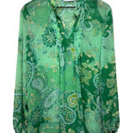 Susan Graver  Top Sz L Semi Sheer Blouse Pintuck Tunic Floral Paisley Artsy Green Photo 0