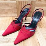 Vintage ESCADA Red Satin Embellished Pointy Toe Sling Back High Heels Pump 37 Size 6 Photo 0