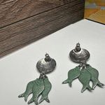 Fish Charms Silver Tone & Green Dangle Drop Pierced Earrings Rustic Style Photo 7