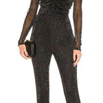 NBD NWT  Revolve Black Shimmer Sienna Catsuit Jumpsuit Sheer‎ Sleeves Ruched, S Photo 0