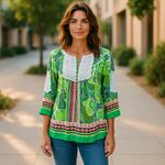 Crown & Ivy crown & ivy Womens Blouse Size Small Pink Navy Green White Lace Peasant Preppy Photo 1