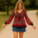 Melissa Paige Boho Peasant Tunic Top Red Paisley Print Long Sleeve Size M Photo 0