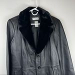 Covington Long Black Leather Jacket Button Front Trench Sz Med Faux Fur Collar Photo 3