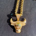Gold Chain Cuban 24in 8mm And Icy Diamond Bull Pendant Set Photo 4