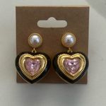 Pearl with Heart Shape Pink Stone & Black Edge Heart Shaped Earrings Rare New Gold Photo 6