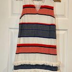 Chelsea & Theodore Woven Striped Fringe Trim Shift Dress 100% Cotton Size SP Blue Photo 3
