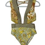 River Island  Yellow Metallic Paisley Plunge Swimsuit Size 4 US NWT Photo 6