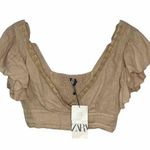 ZARA Lace V Neck Cropped Top 100% Linen Women’s Size Small Beige Ruffle Sleeve Photo 0