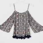 American Eagle Grey Floral Cold Shoulder Tassel Hem Blouse Photo 0