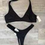 Aerie Women’s S Bottom / M Top Thong Bikini Black Ribbed New NWT Photo 0