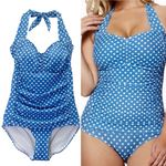 Ruby Ribbon Size 12 Blue White Polka Dot One Piece Swimsuit Halter Ruched Retro Photo 1