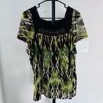 Apt. 9  Size 2X square-neck blouse ikat abstract green, black, beaded neckline Photo 1