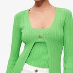 Maje  Maestro Ribbed Ruffled Knit Cardigan Sweater Green NEW Womens 1 US Small Photo 0