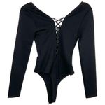 True Religion Black Double Lace Up Deep V Long Sleeve Bodysuit XS New Photo 3