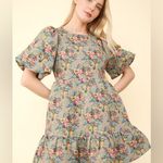 Floral Jacquard Puff Sleeve Dress Green Size M Photo 0