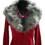 Cache Removable Faux Fox Collar Red Knit Cardigan Top New Stretch $168 NWT Photo 0