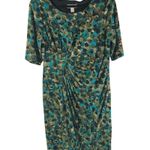 Dressbarn Dress Faux Wrap Short Sleeve Pleated Geometric Blue Green 14 Photo 0