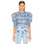 Isabel Marant  Esmee Twisted Plaid Puff Shoulder Blouse in Blue Pink Green‎ Photo 1