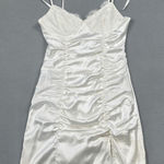 superdown  Revolve White Satin Mini Dress S Lace Trim Tie Strap Ruched Bodycon Photo 0