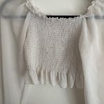 Romwe  White Sheer Bishop Sleeve Smocked‎ Crop Top Ruffle Trim Square Neck Blouse Photo 3