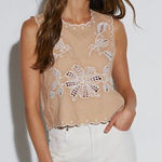 VICI NWT Lennon Eyelet Linen Blend Embroidered Sleeveless Blouse Tan XL Photo 0