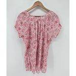 Bit & Bridle Top XL Red Floral Button Smocked Pleats gauzy romantic Photo 2