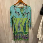 London Times Cute flowy aqua green super paisley jersey knit dress 3/4 sleeve coastal stretch Photo 4