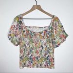 Anthropologie  Aurelia Smocked Top Floral Cream Size M Balloon Sleeve Ruching Photo 0