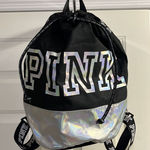 Victoria's Secret PINK Cinch Drawstring Large Back Pack Black/Silver NWOT Photo 0