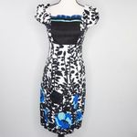 Vintage floral print black white, square neck, bubble short sleeve sheath dress Black Size XXS Photo 1