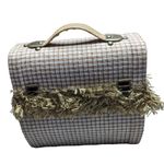 Vtg 1960s MCM Ivory Tweed Fabric Covered Fringe Top Handle Latch Wooden Box Bag Tan Photo 1