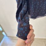 Hinge  Blue Floral Long Sleeve V Neck Tassel Blouse Small Photo 2