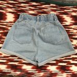 Light Wash Blue Denim Jean Paper Bag Elastic Scrunch Ruched Waist Shorts High Rise Mom Fit Cuffed Photo 1