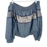 Alice + Olivia  Celia Off The Shoulder Stretchy Long Sleeve Denim Style Lace Top Photo 3
