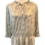 MELLODAY Floral Print Smocked Waist‎ Tie Neck Blouse Ruffle Trim Long Sleeve Top Photo 0