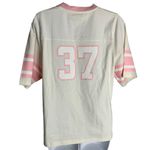 John Deere  Jersey Style T Shirt M White Pink Short Sleeve V Neck Tractors Photo 3