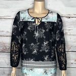 Lee Size 1X Floral Print - Black Lace Long Sleeve Keyhole Peasant Blouse Top Photo 1