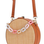 JustFab Resin Handle Canteen Crossbody Bag Cognac Multi Faux Leather Straw Boho Photo 0