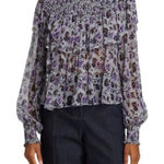 CINQ À SEPT Drew Georgette Top Women's XS Blue Lavender Black Floral Long Sleeve Photo 0