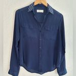 Abercrombie & Fitch A&F Silver Crystal Collar Button Down Navy Blue Blouse Mobwife Y2K Glam Disco Photo 0