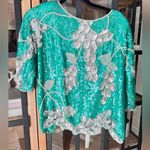 Vintage 80s Sequins Silk Beaded Top Emerald Floral life of a showgirl blouse Silver Size M Photo 7