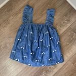 Harper Heritage  NWOT Chambray Blue Ruffle Floral Embroidery Tank Top ~ Size L Photo 7