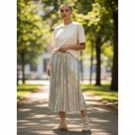 Maeve Anthropologie  Metallic Silver Gold Accordion Pleat Midi Skirt Size 4 Photo 11