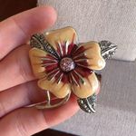 Vintage Flower Hibiscus Enamel Marcasite Brooch Photo 1