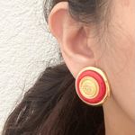 Liz Claiborne Vintage LCI Signed Red & Gold Heraldic Button Earrings Photo 1