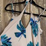 Lush Clothing Lush Ivory Jumpsuit Tropical Green and Blue Monsterra Leaves Small Flawed Photo 2