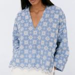 ZARA  Women's Large Light Blue White Geometeic Floral Embroidered Deep V Neck Top Photo 1