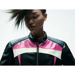 ZARA  Black Pink Motorcycle Biker Jacket Size Large Vegan Leather Grunge Gothic Photo 8