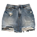 Distressed Denim Skirt Mini Blue Jean Frayed Hem‎ Rips Women's Photo 0