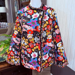 Bright Floral Quilted Jacket Fleece Lined Ruffle Velvet Trim Raglan Sleeve M Pink Size M Photo 0